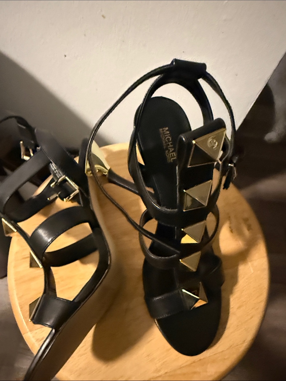 Michael Kors Black Strappy Wedge Sandals with Gold Pyramid Studs